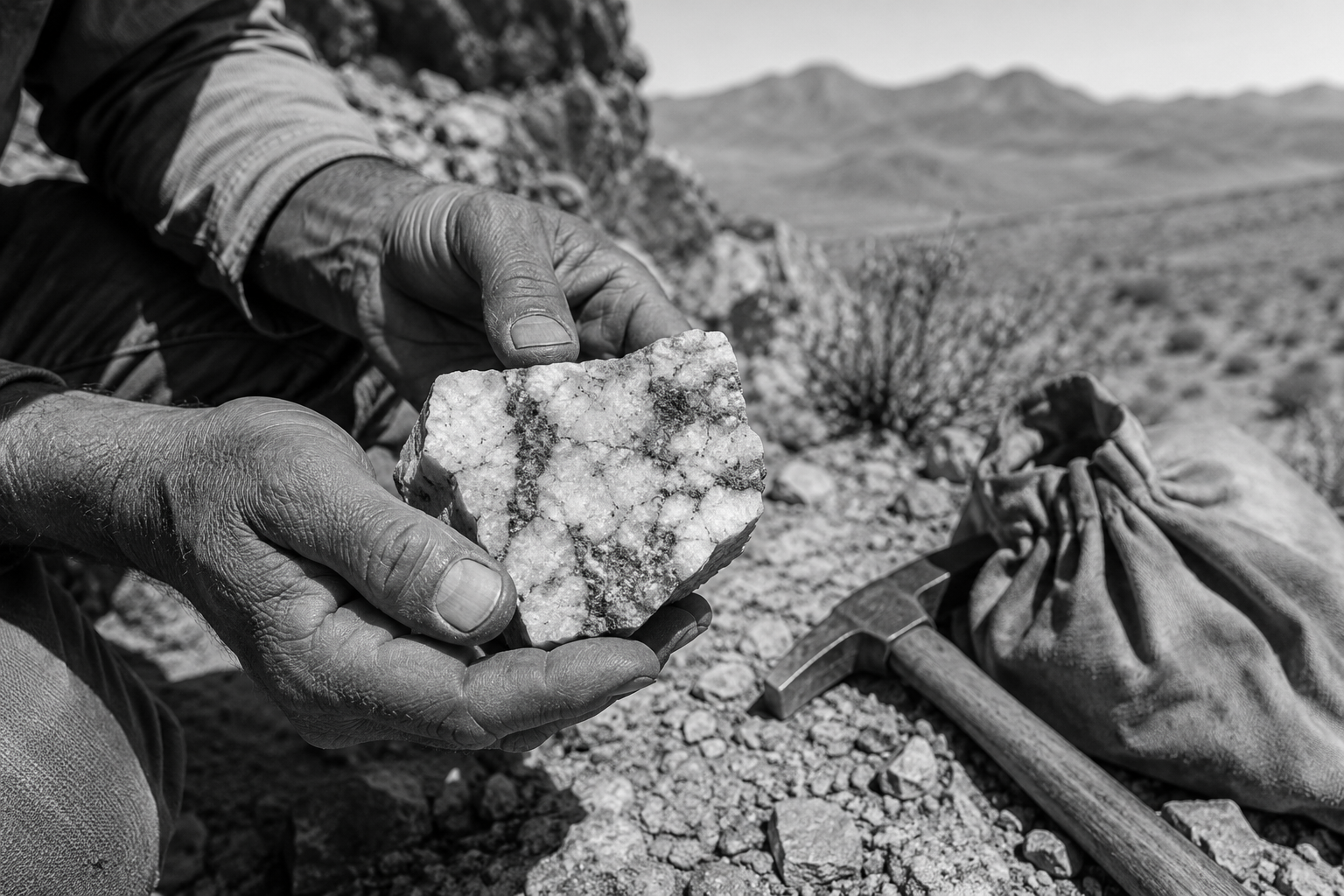 A prospector's hands holding a chunk of quartz ore, with a rock hammer, ore sack, and open desert behind