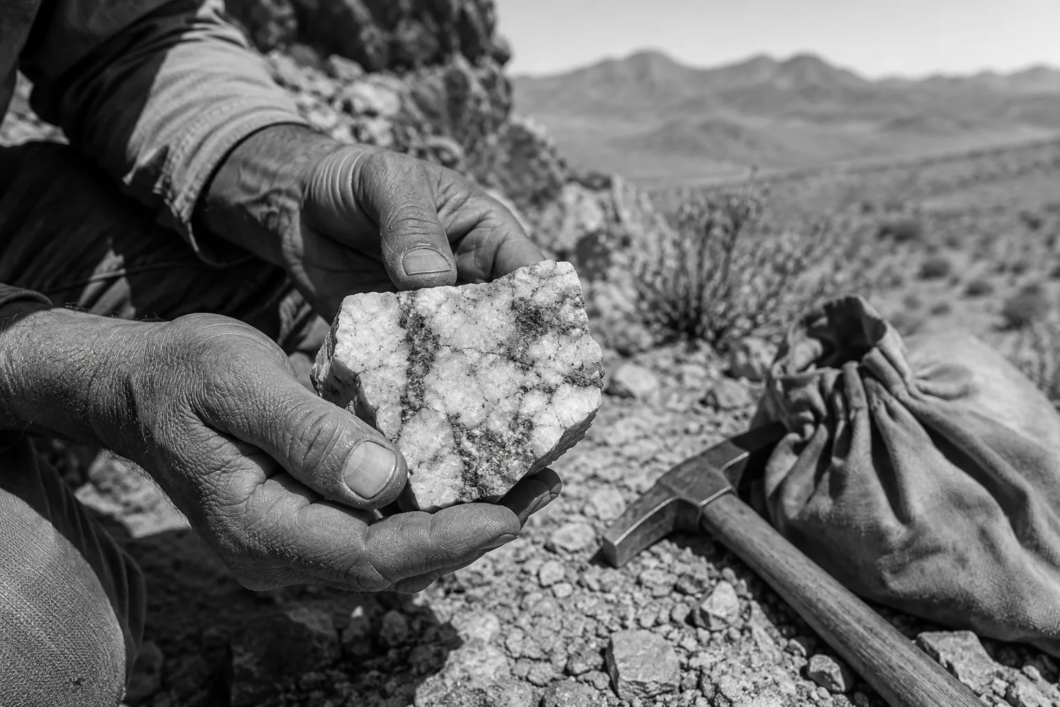 A prospector's hands holding a chunk of quartz ore, with a rock hammer, ore sack, and open desert behind